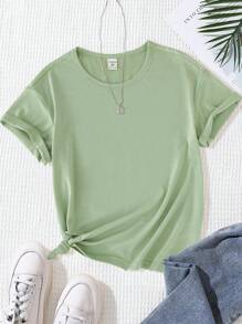 SHEIN 少女香菇及字樣圖形下垂肩t卹 - 綠色 - 查看 3