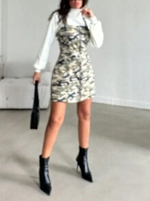 RueChic Camo Print Zip Up Denim Overall Dress Without Sweater - Army Green - View 3