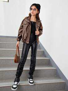 SHEIN Tween Girl Flap Pocket Drop Shoulder PU Leather Jacket - Chocolate Brown - View 5