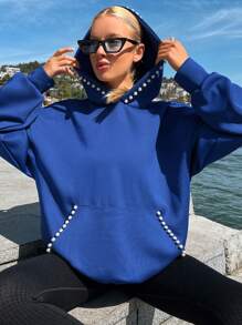 EURMUSE Pearls Beaded Kangaroo Pocket Drop Shoulder Hoodie - Royal Blue - View 3
