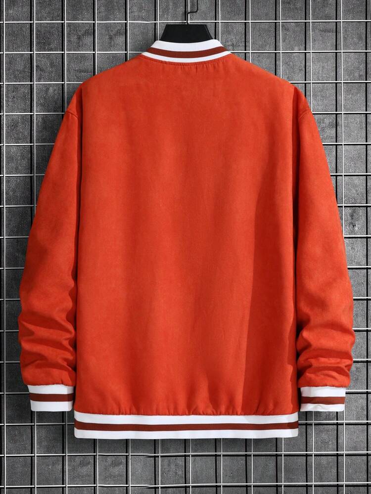 Men Letter Patched Striped Trim Drop Shoulder Varsity Jacket