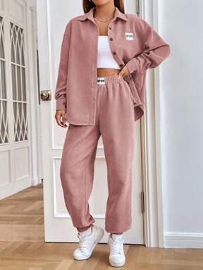 SHEIN EZwear Damskjorta med broderad axel, långärmad, nedåtgående axel och dragsko, casual kostym