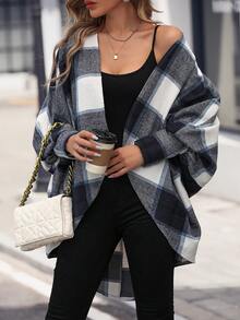 SHEIN Clasi 格紋印花蝙蝠袖開門襟外套 - 寶藍色 - 查看 6