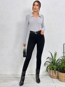 SHEIN Essnce 净色罗纹针织 T 恤 - 灰色 - 查看 4