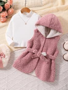 SHEIN 女小童素色毛絨內襯皮帶外套馬甲&T恤 - 珊瑚粉 - 查看 3