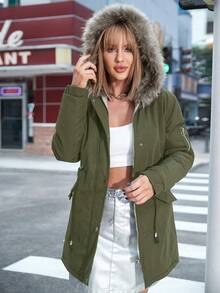 女士中长款羽绒服，毛领，保暖内衬，加厚口袋，拉链和纽扣闭合，适合日常穿着和秋冬季外出。 - 軍綠色 - 查看 6