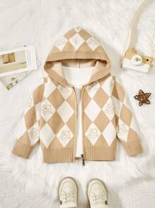 Baby Boy Argyle & Cartoon Pattern Hooded Cardigan Without Tee - Khaki - View 1