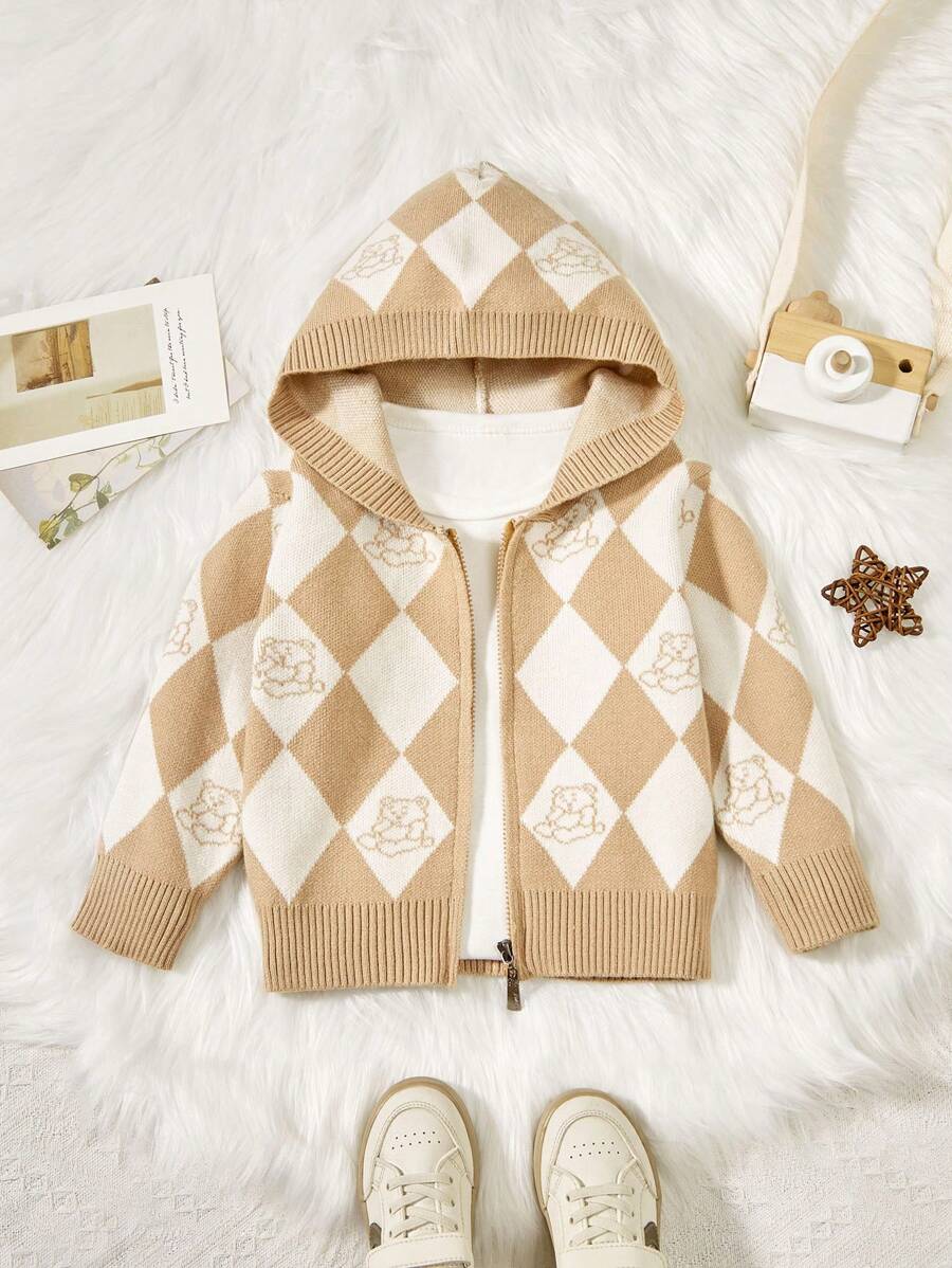Baby Boy Argyle & Cartoon Pattern Hooded Cardigan Without Tee - Khaki - View 1