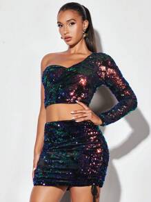 SHEIN BAE Christmas One Shoulder Sequin Crop Tee - Multicolor - View 4