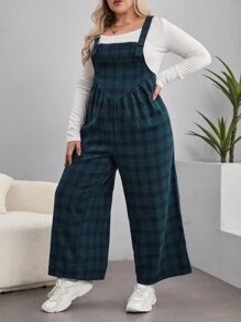 SHEIN EZwear Plus Plaid Print Overall Jumpsuit Without Tee - Green - View 6