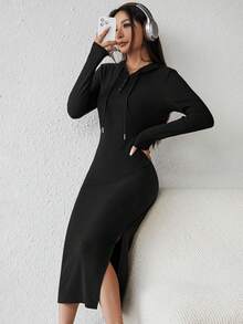SHEIN EZwear Split Thigh Drawstring Hooded Dress - Black - View 4