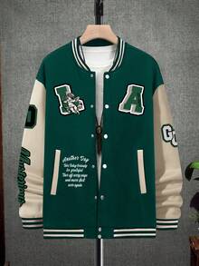 Manfinity Men Slogan & Figure Graphic Striped Trim Colorblock Varsity Jacket - Multicolor - View 2