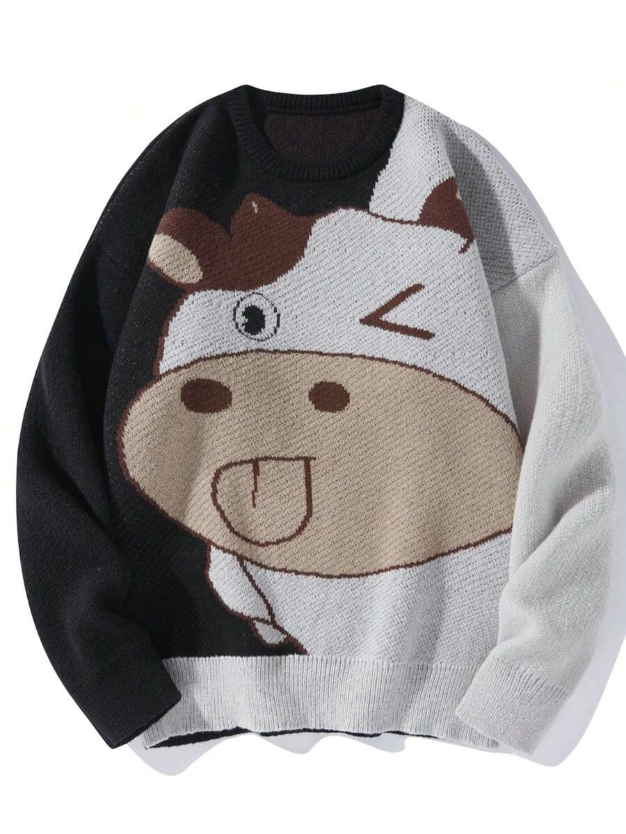 Manfinity Hypemode 男士奶牛圖案落肩袖套頭毛衣 - 彩色 - 查看 1