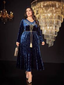 Al Najma Hơn Thêu hoa Tua Thắt lưng Nhung Đầm - Màu xanh lam - Xem 6