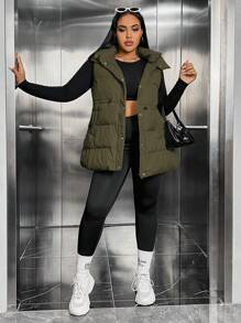 SHEIN EZwear Plus Zip Up Snap Button Hooded Vest Coat, Winter - Army Green - View 5