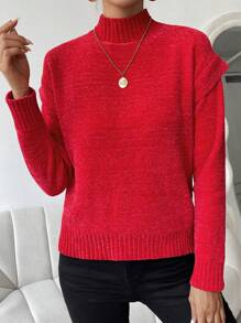 Chiquease Áo len cổ cao, vai rớt, chất liệu dệt kim, thích hợp cho mùa thu đông. - Đỏ - Xem 4