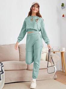 SHEIN Teen Girl Drop Shoulder Pullover & Sweatpants - Mint Green - View 4