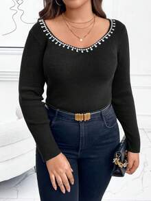 SHEIN Clasi Hơn Ngọc trai đính cườm Scoop Cổ Áo len - màu đen - Xem 5