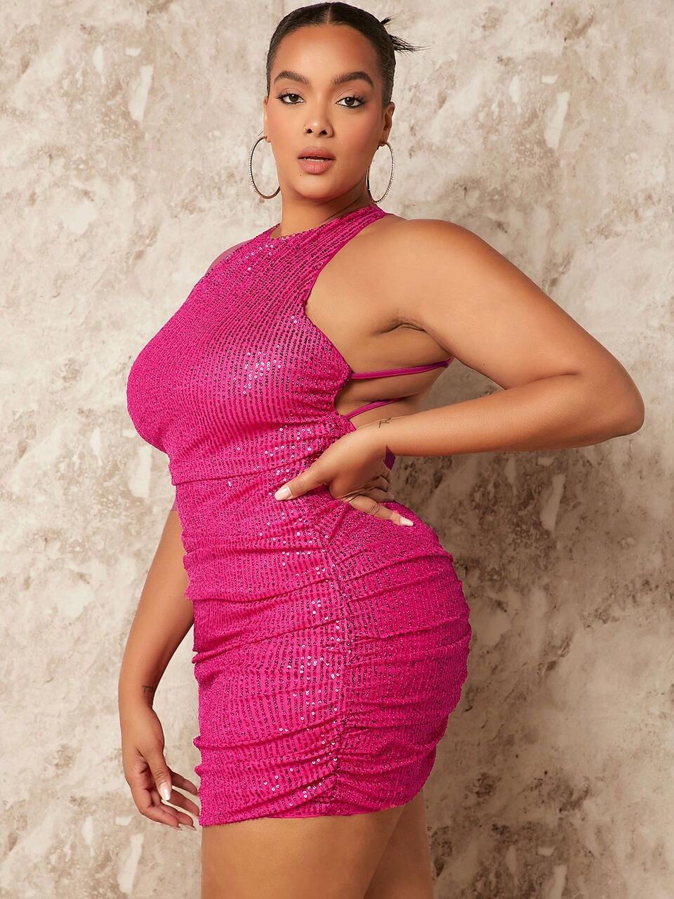 Christmas Plus Crisscross Backless Ruched Sequin Bodycon Dress