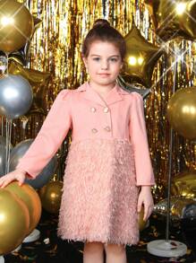 SHEIN Young Girl Double Breasted Fuzzy Panel Fringe Trim Dress - Pink - View 3