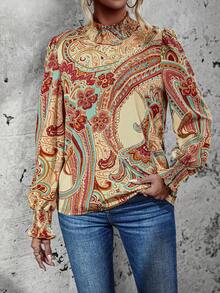 SHEIN Clasi Floral Print Mock Neck Lantern Sleeve Blouse - Multicolor - View 5