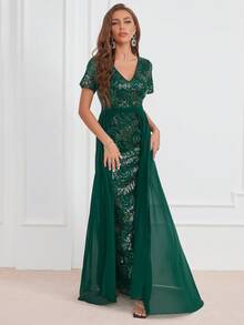 網紗覆蓋亮片正式洋裝 - 墨綠色 - 查看 4