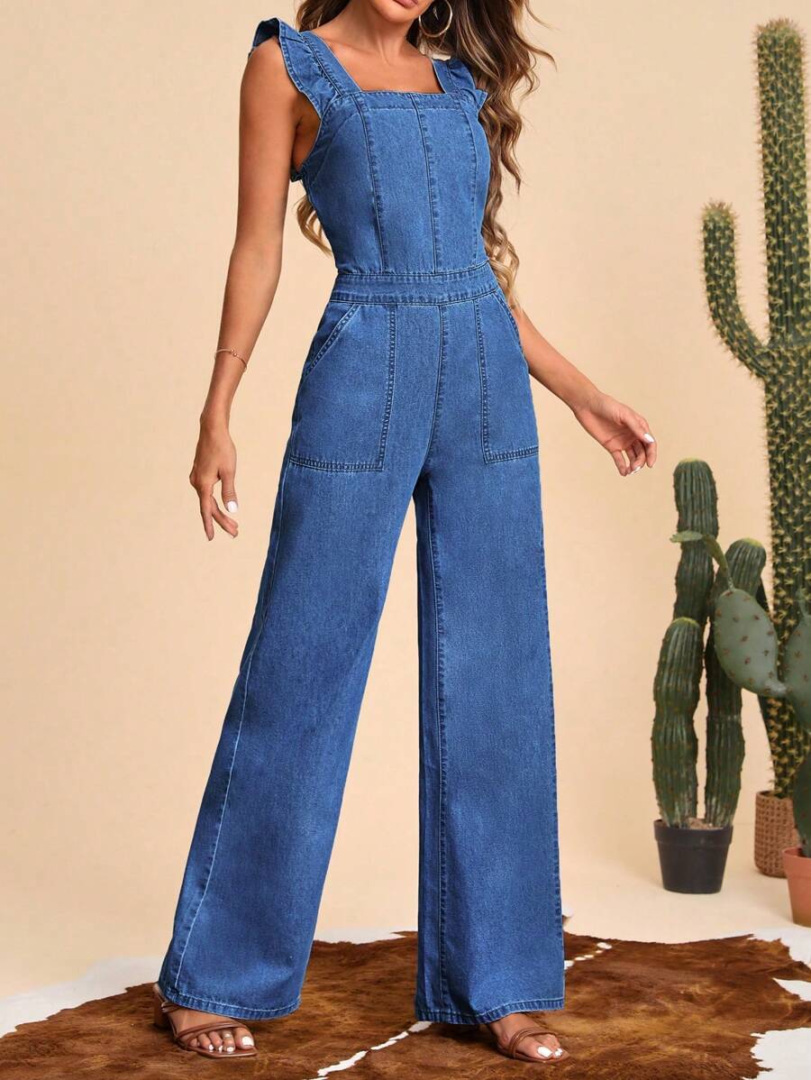 SHEIN Frenchy 荷葉邊闊腿牛仔連身褲