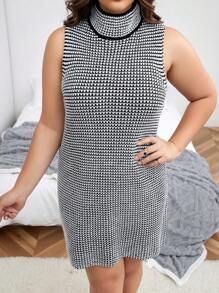Calvaya Hơn Đồ họa Houndstooth Áo cao cổ Thả vai Áo len Mở & Đầm Áo len - Xám - Xem 3