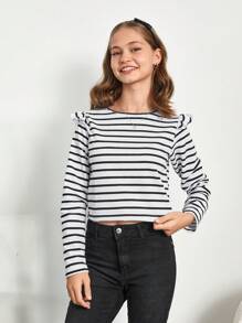 RueChic Teen Girl Striped Print Ruffle Trim Button Back Tee - Black and White - View 2
