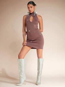 SHEIN BAE فستان صوف ضيق مقصوص امامي لامع - أحمر بنفسجي - مشاهدة 4