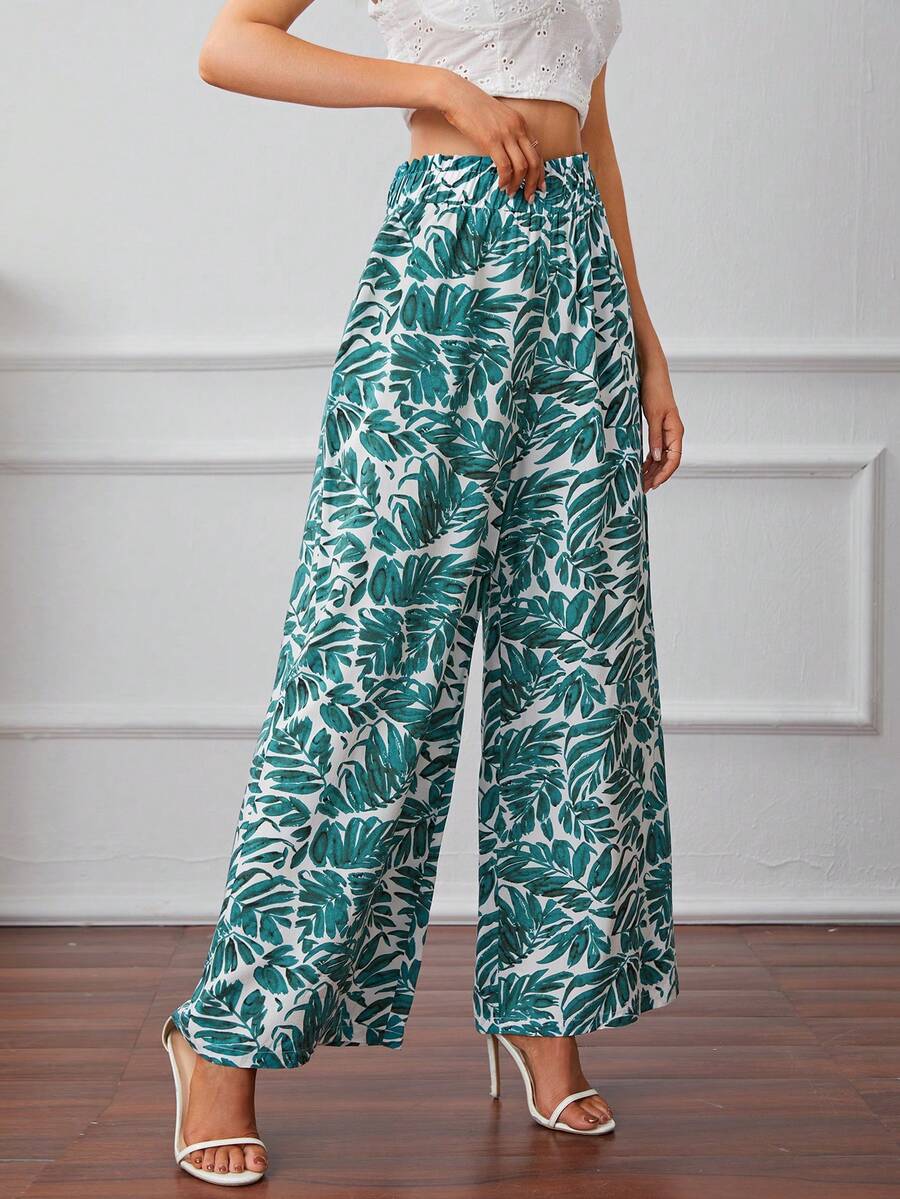 SHEIN Frenchy Bản in nhiệt đới Cao eo Quần ống rộng - màu xanh lá - Xem 1