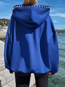 EURMUSE Pearls Beaded Kangaroo Pocket Drop Shoulder Hoodie - Royal Blue - View 2