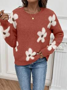 SHEIN LUNE Floral Pattern Drop Shoulder Sweater,Long Sleeve Tops Knit Pullover Fall Winter Sweater - Rust Brown - View 3