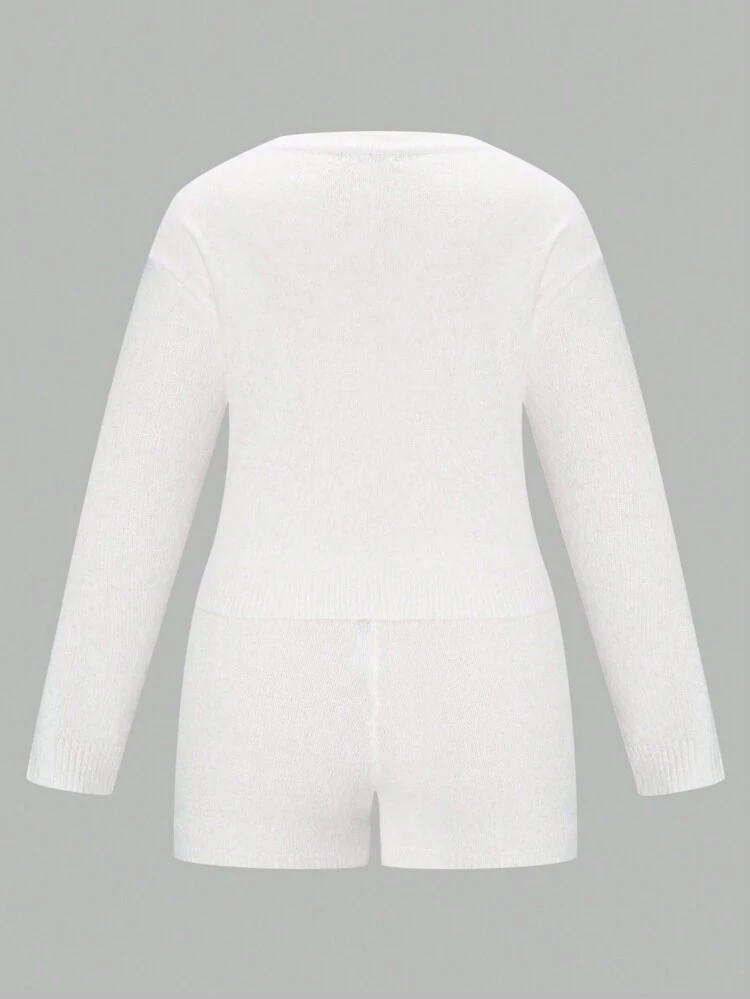 Plus 1pc Drop Shoulder Sweater & Knit Shorts Fall Cloth For Women