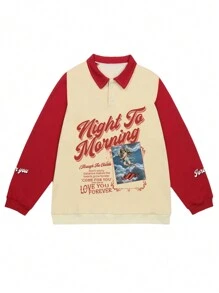 Aesthetic Post Nam Slogan & Thiên sứ In Áo nỉ Với Cổ áo tương phản - Màu be - Xem 1