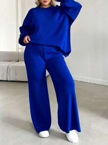 EURMUSE Plus Size Solid Color Raglan Sleeve Sweater And Knitted Pants Set, For Winter - Blue - View 6