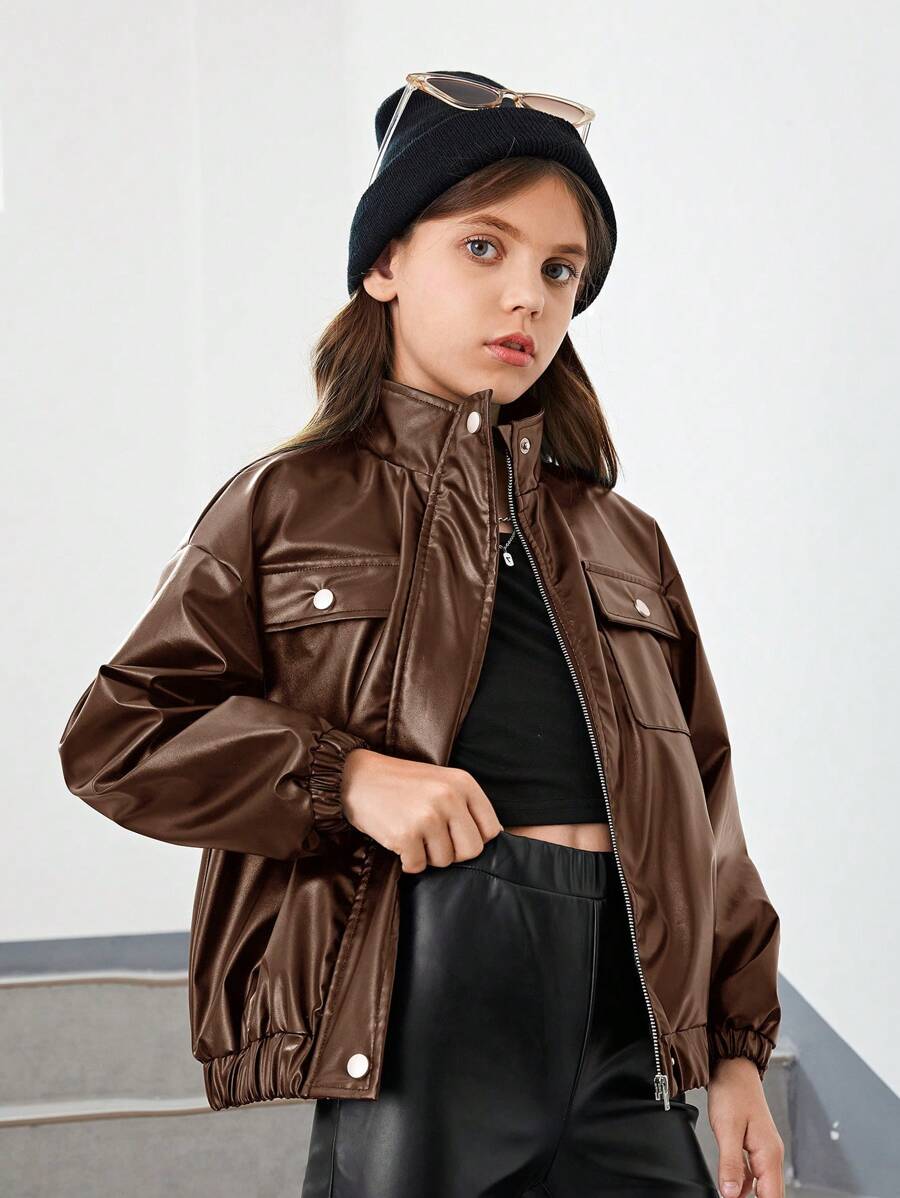 SHEIN Tween Girl Flap Pocket Drop Shoulder PU Leather Jacket - Chocolate Brown - View 1