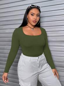 SHEIN EZwear Plus žebrované pletené tričko se čtvercovým výstřihem - Tmavě zelená - Zobrazit 1