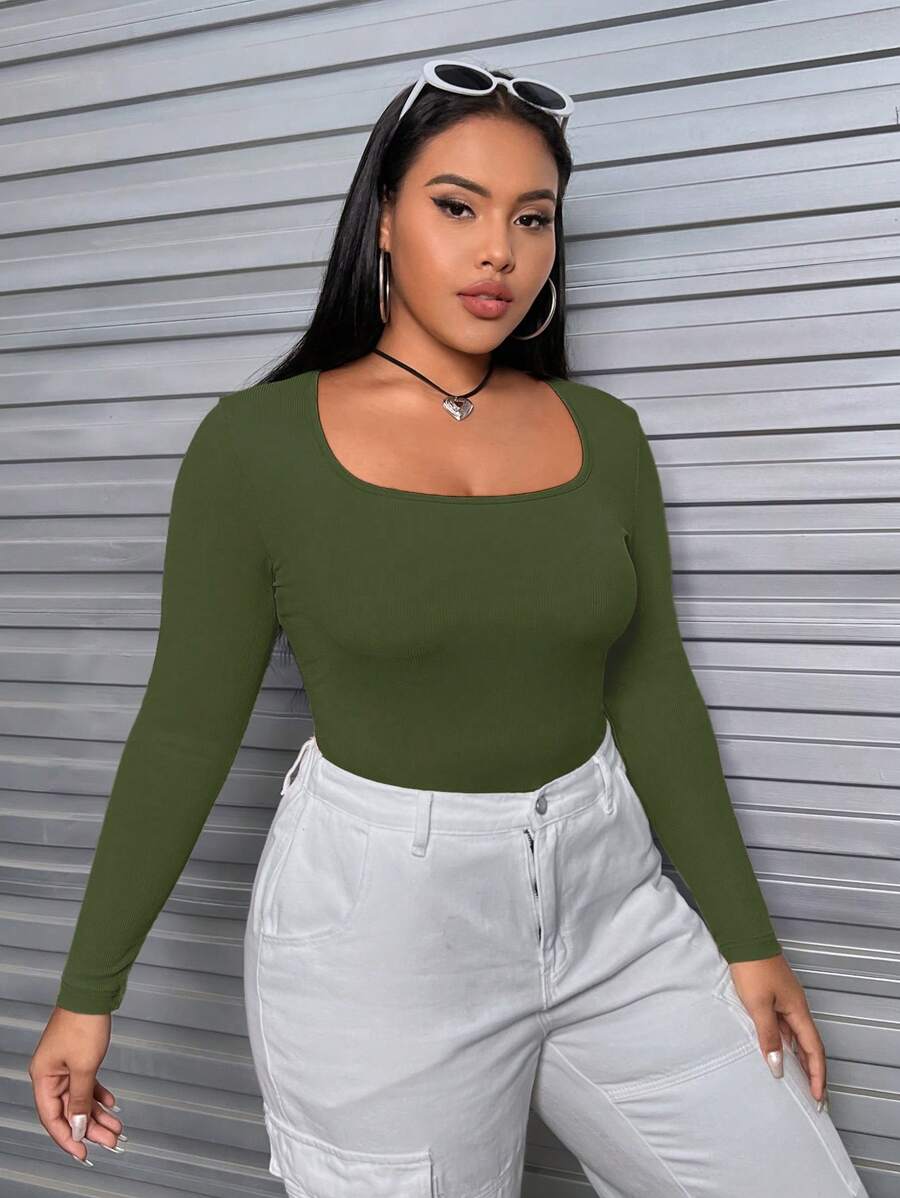 SHEIN EZwear Plus žebrované pletené tričko se čtvercovým výstřihem - Tmavě zelená - Zobrazit 1