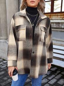 SHEIN Frenchy Plus Plaid Print Drop Shoulder Flap Pocket Coat Winter Fall Autumn - Coffee Brown - View 5