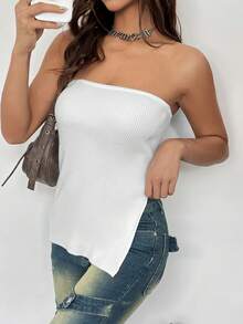 SHEIN EZwear Solid Split Hem Tube Knit Top - White - View 4