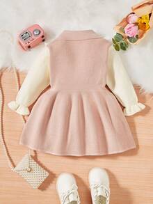 女嬰雙色荷葉邊喇叭袖毛衣洋裝 - 粉色 - 查看 2