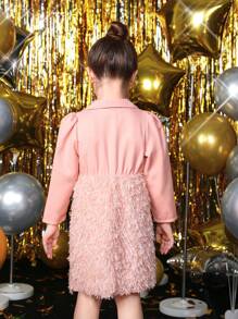 SHEIN Young Girl Double Breasted Fuzzy Panel Fringe Trim Dress - Pink - View 2