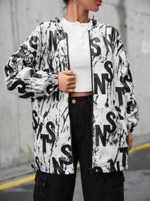 RueChic Letter Print Hooded Zipper Jacket - Black - View 1