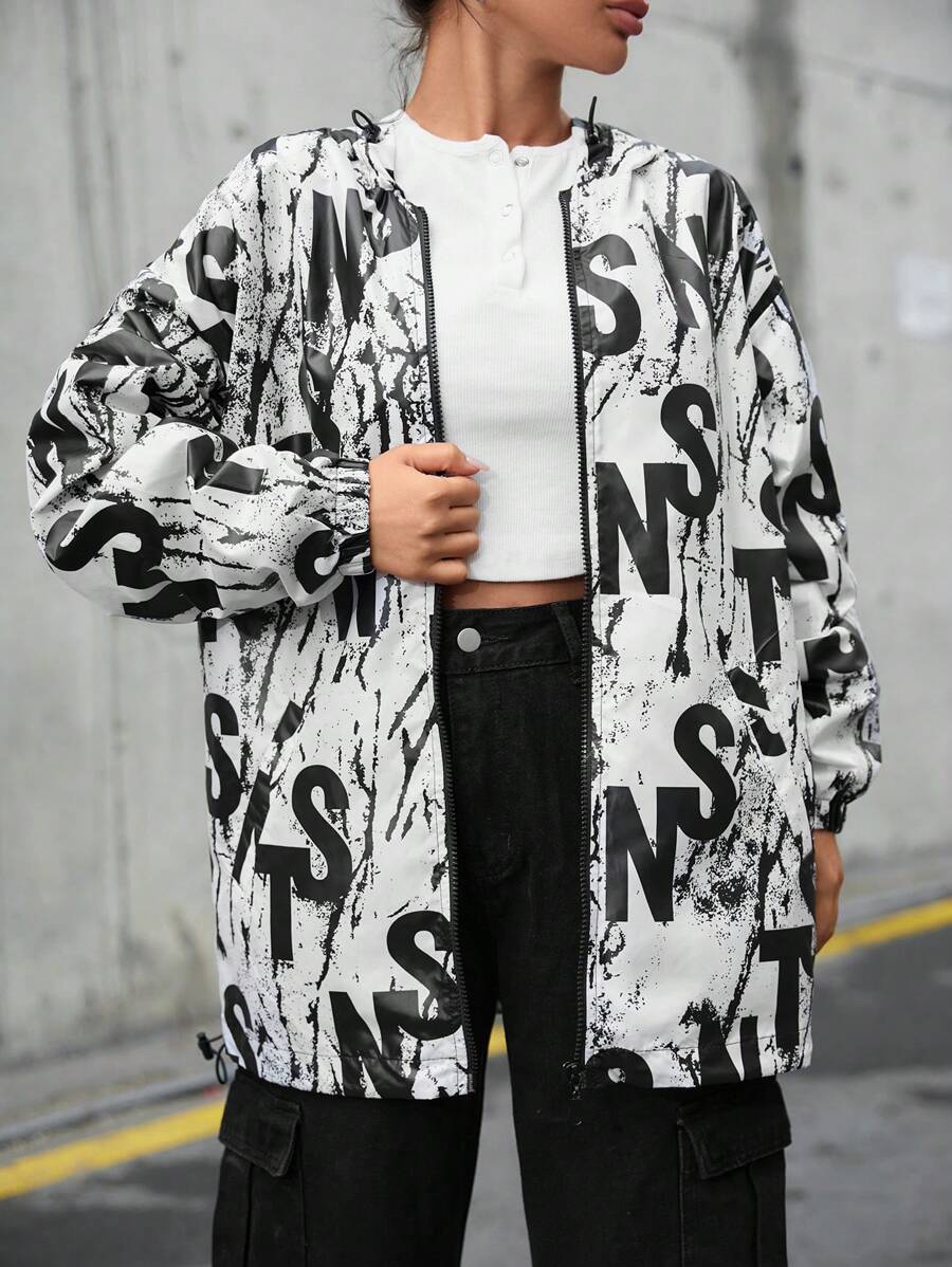 RueChic Letter Print Hooded Zipper Jacket - Black - View 1