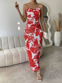 SHEIN VCAY In hoa cổ áo xếp nếp Váy Dây - Đỏ và trắng - Xem 6