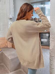 SHEIN LUNE Áo khoác cardigan thả vai dệt kim cáp - Màu Khaki - Xem 2