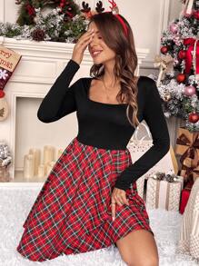 SHEIN Frenchy Tartan Square Neck Dress - Multicolor - View 5