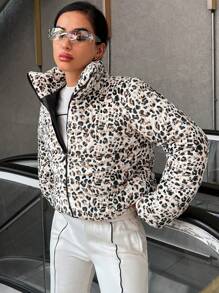 EURMUSE Leopard Print Zip Up Puffer Coat - Multicolor - View 4