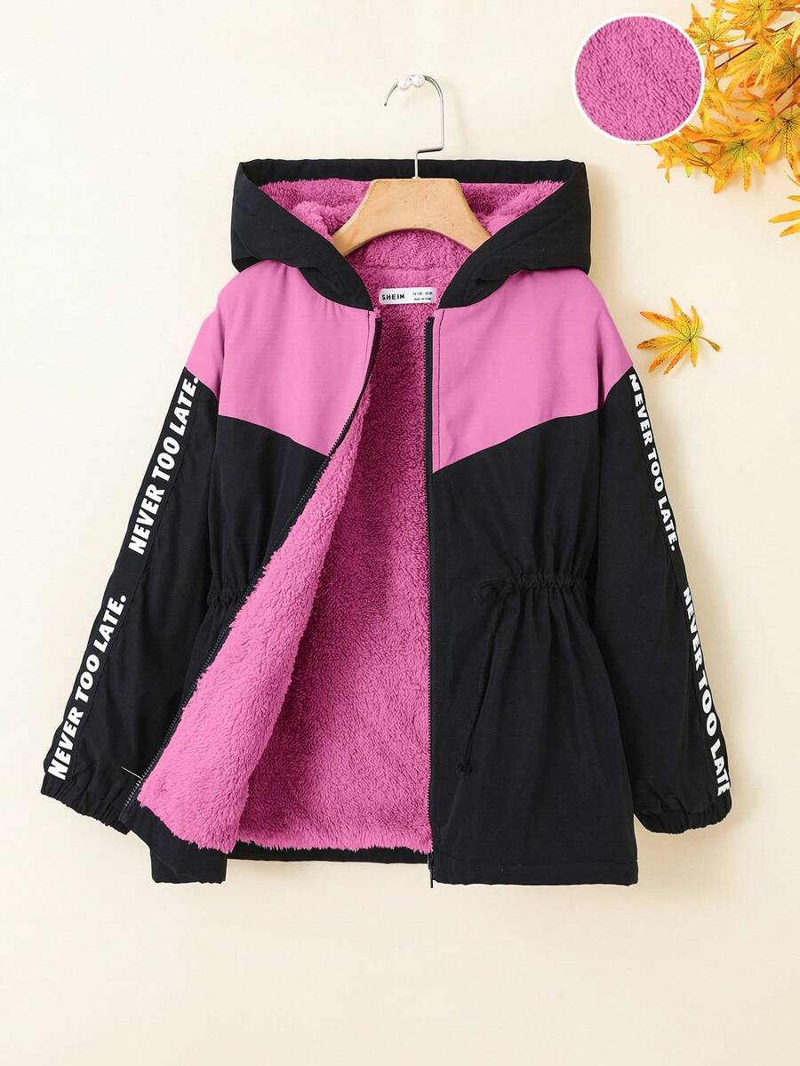 SHEIN Cô gái Tween Băng Letter Khối màu Eo dây rút áo có mũ Lót nhiệt áo - Màu Hồng  Dưa hấu - Xem 1